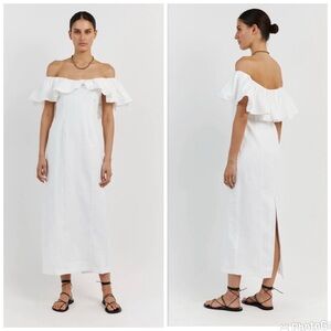Dissh Isabelle Black Linen Off Shoulder Ruffle Sleeve Midi Dress